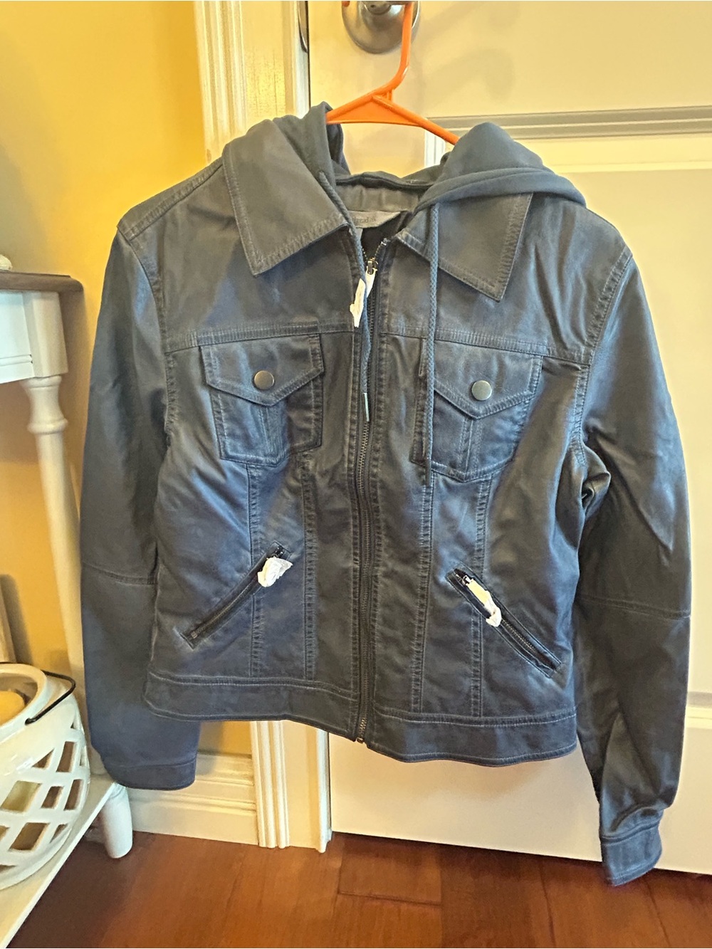 Women's Hooded faux leather in Slate Blue